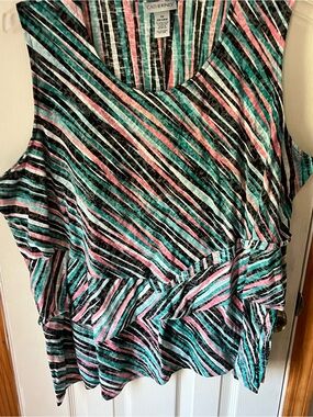 Catherines Multicolor Striped Ruffle Tank - Teal, Pink, Black, White